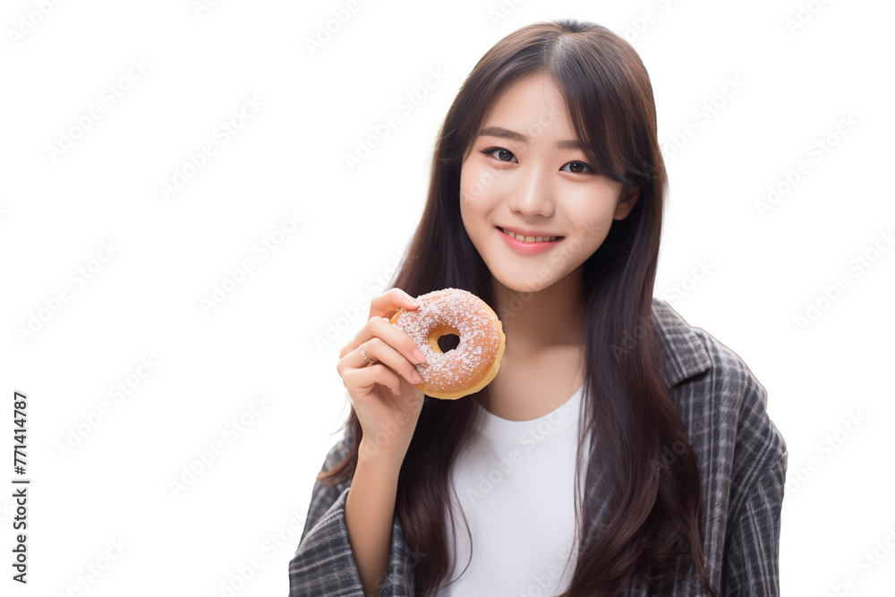 Teen pretty Japanese girl on isolated chroma key background holding a donut Teen pretty Japanese girl on isolated chroma key background holding a donut