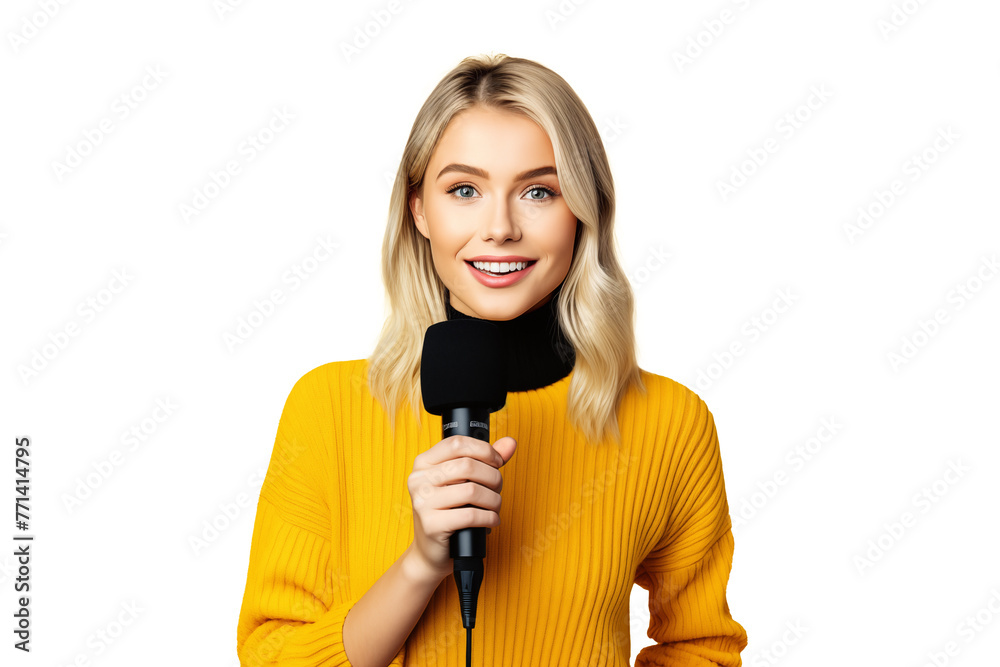 Young pretty blonde girl on isolated chroma key background holding a microphone and reporting news Young pretty blonde girl on isolated chroma key background holding a microphone and reporting news