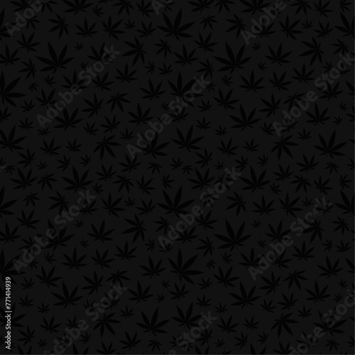 abstract seamless hemp background with black cannabis leaf texture on gray