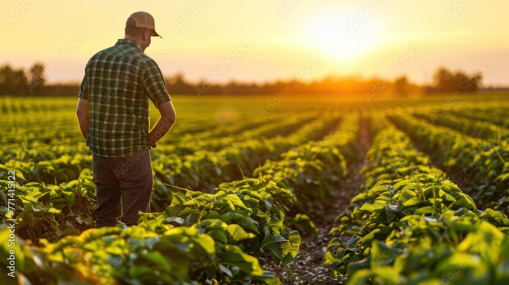 A farmer tending to crops in a sunlit field. 