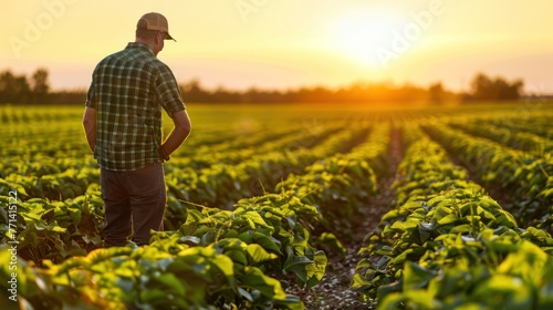 A farmer tending to crops in a sunlit field. 