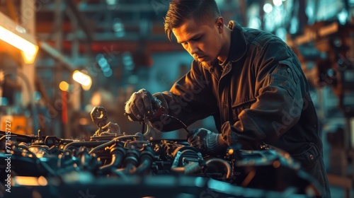 A mechanic repairing a car engine in an auto repair shop.