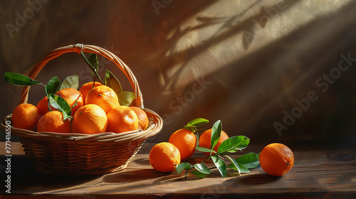 oranges fruit with leaves in basket in the park at morning  light