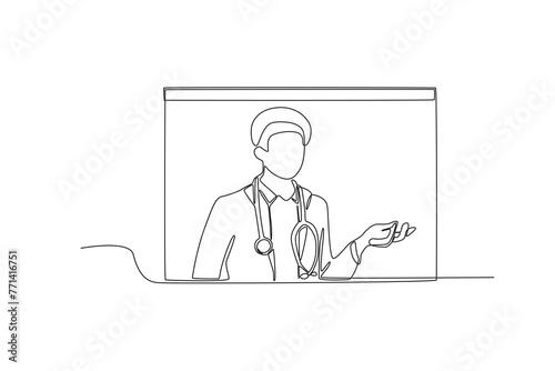 Single continuous line drawing of Doctors who are connected with patients through the meeting application. Professional work job occupation. Minimalism concept one line draw graphic design vector illu