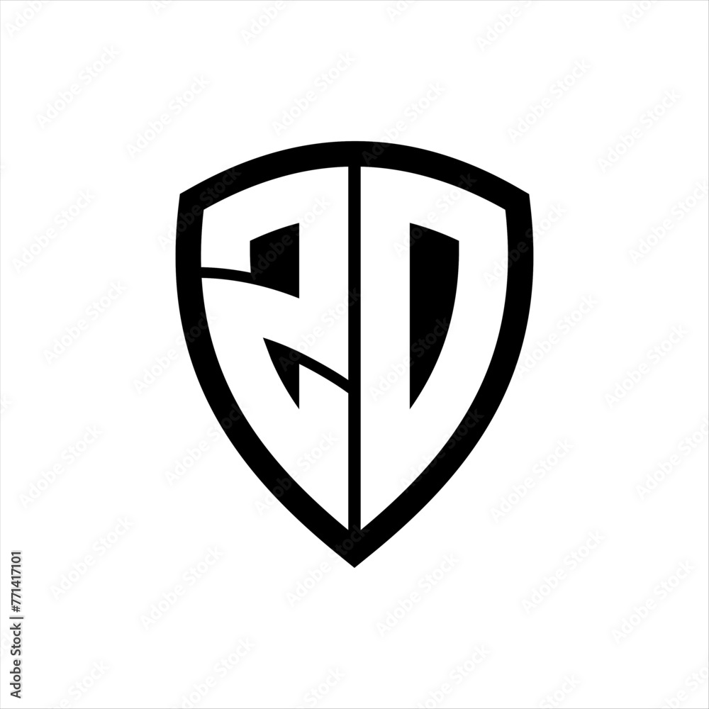 ZD monogram logo with bold letters shield shape with black and white color design ZD monogram logo with bold letters shield shape with black and white color design