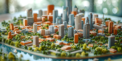  City Model Embellished with Detailed Map ,Intricate City Map Adorns Miniature Landscape ,Model City Enhanced by Map Representation photo