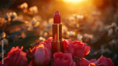 Lipstick among vibrant sunset roses.