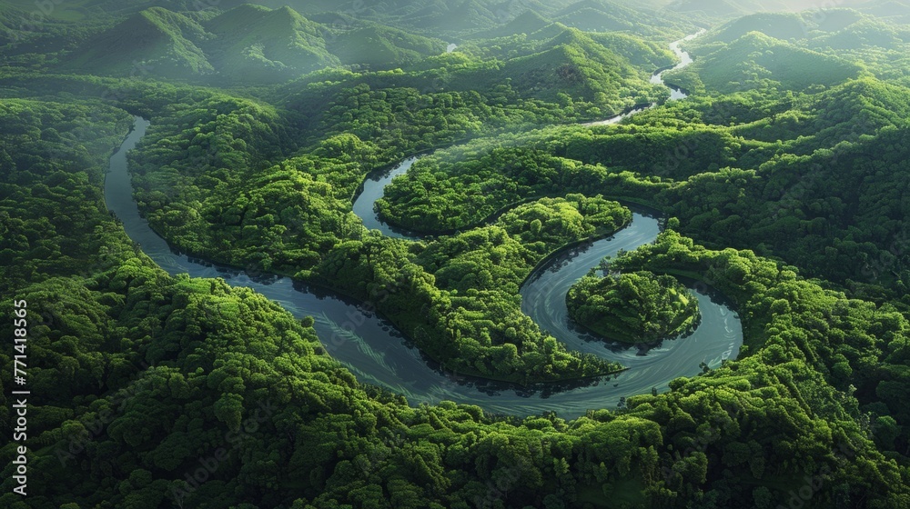 Obraz premium River Winding Through Lush Green Forest