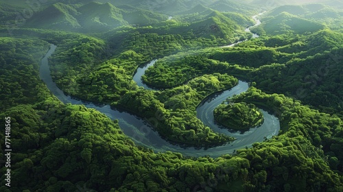 River Winding Through Lush Green Forest
