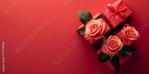 Valentine Day Gift Box With Red Hearts And Roses On red Background