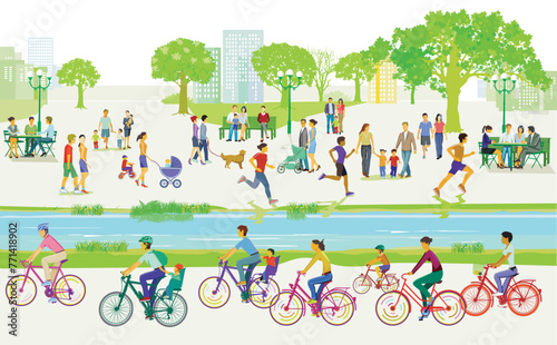 Sportler, Jogger,, Radfahrer im Park mit Familien und andere Personen, Illustration