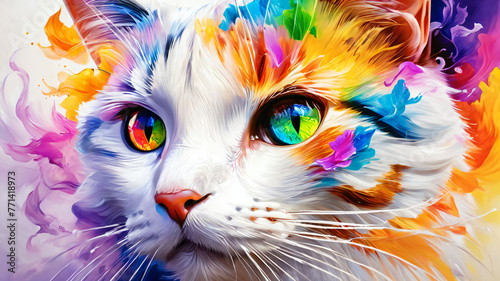 A wide-format image of a cat with lots of colors.
