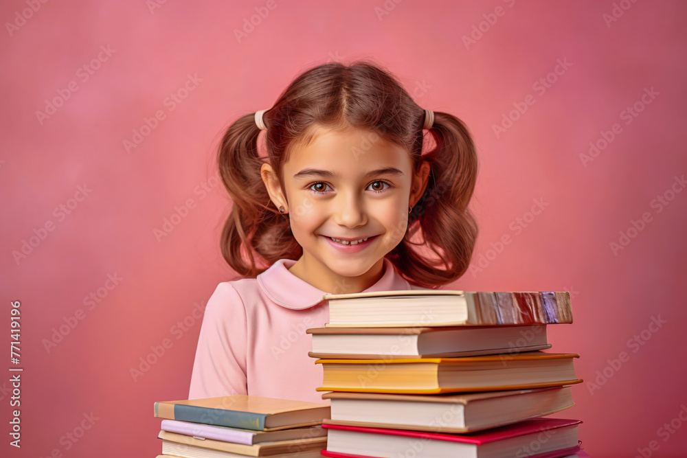 Curious schoolgirl exploring knowledge, surrounded by books in a vibrant learning environment Curious schoolgirl exploring knowledge, surrounded by books in a vibrant learning environment