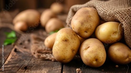 Close up of fresh Potatoes on a rustic wooden Table
