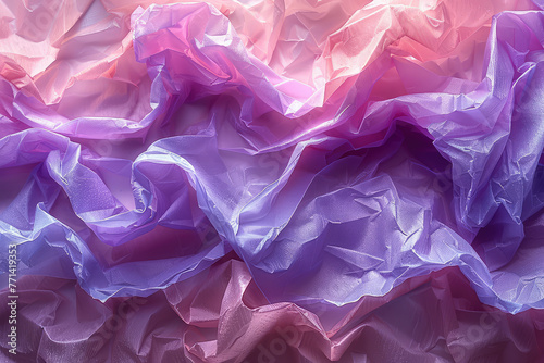 crumpled plastic wrap in various shades of purple and pink, creating an abstract background with soft textures and subtle gradients created with ai