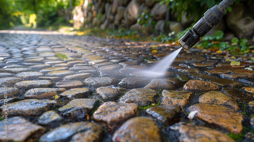 Naklejka premium Power washing garden cobble stone paths, close up