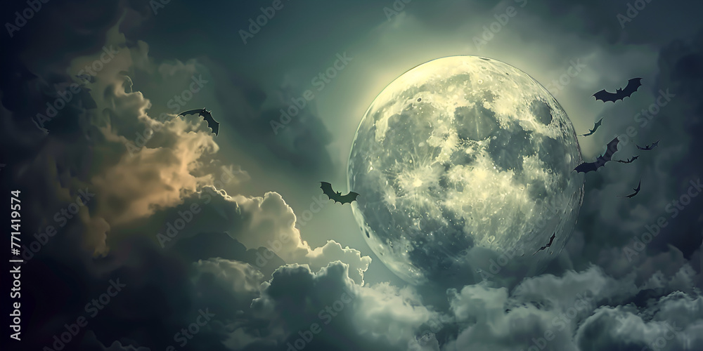 Full moon behind clouds in a night sky