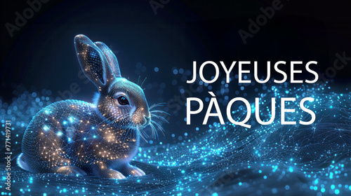 Digital greetings. Futuristic Easter card concept with french text Happy Easter. Cute cyber Easter bunny