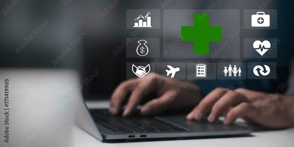 A person using laptop with Plus sign positive thinking mindset, healthcare insurance planning symbol, mental rejuvenation, security, finance insurance, risk management, medical treatment. A person using laptop with Plus sign positive thinking mindset, healthcare insurance planning symbol, mental rejuvenation, security, finance insurance, risk management, medical treatment.