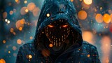 closeup of a person with blinking eyes and wearing a hoody on a cyber background concept of the cyber attacker or hacker