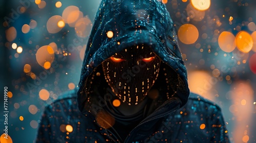closeup of a person with blinking eyes and wearing a hoody on a cyber background concept of the cyber attacker or hacker