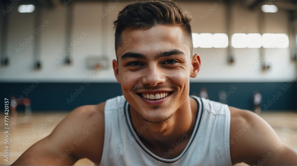 Young handsome male athlete on white jersey uniform portrait image on basketball court gym background smiling looking at camera from Generative AI