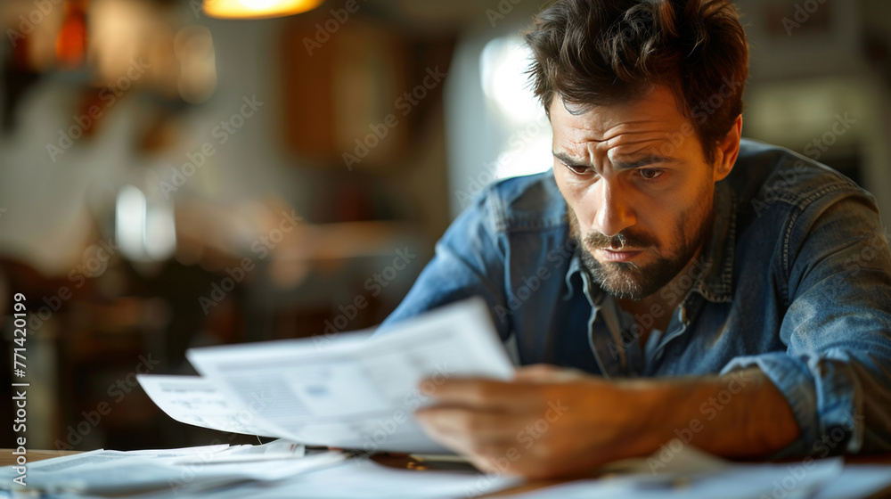 Adult male intensely scrutinizing papers, possibly related to finances, in a home setting. Adult male intensely scrutinizing papers, possibly related to finances, in a home setting.