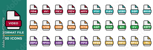 File format Video icons set in flat style. collection of file extension symbols. Vector Illustration.
