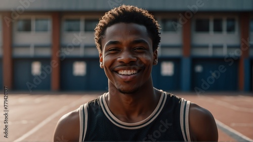 Young handsome male black african athlete on black jersey uniform portrait image on basketball court gym background smiling looking at camera from Generative AI photo