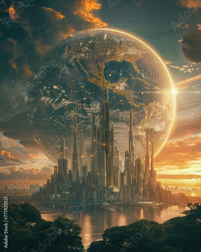 Capture the drama of moral dilemmas through a low-angle view of a futuristic cityscape on a terraformed planet, emphasizing the clash between progress and ethics photo