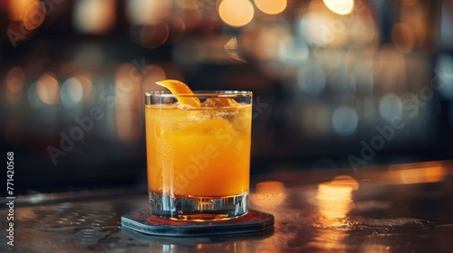 Old fashioned drink with orange slices on blur background