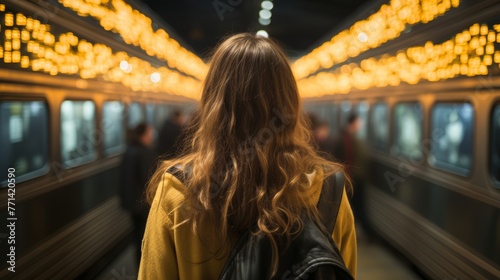 rearview of a woman at airport checking flight schedules. Backpack person at the airport looking at arrivel and depature screen, airport concept or train commuter photo