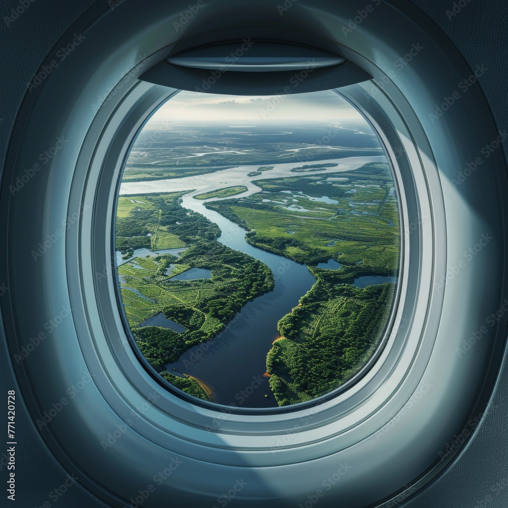 Overlooking a lush, winding river from the unique vantage point of an airplane, highlighting nature's intricate patterns.
