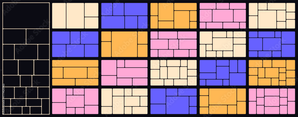 Bento style layout grid templates. Web comics grids, various panel arrangements and different size tiles vector set