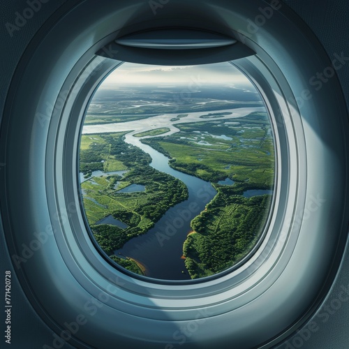 Overlooking a lush, winding river from the unique vantage point of an airplane, highlighting nature's intricate patterns.