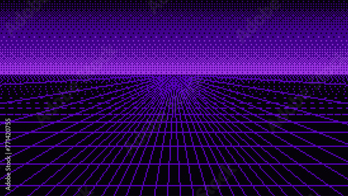 Dark twilight digital futuristic landscape. Pixel art perspective grid 3D surface and dither gradient sky, retro tech background