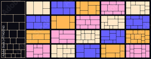 Bento style layout grid templates. Web comics grids, various panel arrangements and different size tiles vector set