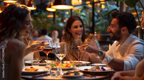Friends Sharing Gourmet Meal in Chic Restaurant Capturing Culinary Experiences as Social Bonding