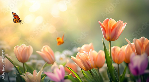 tulip flowers with bright sun and orange butterfly floa ed2883db-b54c-47d9-845c-6664e0fc527d photo