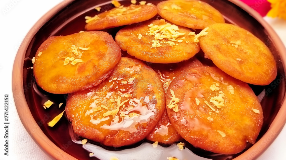 Malpua, traditional Indian sweet pancakes served with Rabri, garnished with almond flakes and rose buds, on a white background