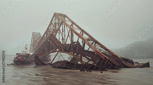 large broken iron bridge made of iron trusses that fell on a container ship during fog photo