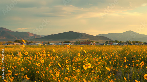 vast field covered with bright yellow flowers. A small town with numerous buildings is visible in the mid-ground, and faint mountains appear in the background. 