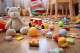 A children's playroom with plastic multicolored educational constructors, scattered toys. A playground for preschoolers in kindergarten. the interior of the children's room. Free space.
