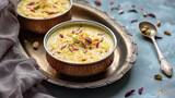 Kesar Pista Kheer, a traditional Indian rice pudding, served in a silver metal bowl on an oval tray, garnished with chopped almonds and pistachios, on a light blue background