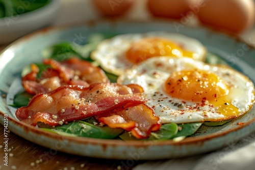 Plate of delicious and wholesome breakfast with eggs, bacon, and spinach served on a table