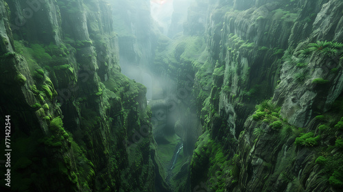 aerial view of a deep, green, moss-covered canyon with steep rocky walls