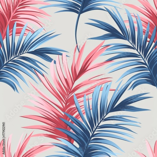 Tropical Palm Leaf Pattern in Blue and Pink Colors on Grey Background Seamless Design for Textile and Wallpaper