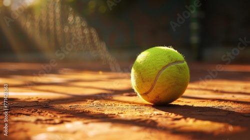 Golden hour light on a tennis ball at a clay court. © pixcel3d
