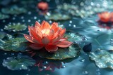 Magic glowing Lotus flower on cold blue green water background with lotus leaf and large
