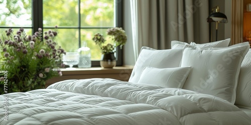 Soft white bed linen in a comfortable, cozy bedroom, conducive to restful sleep and relaxation.